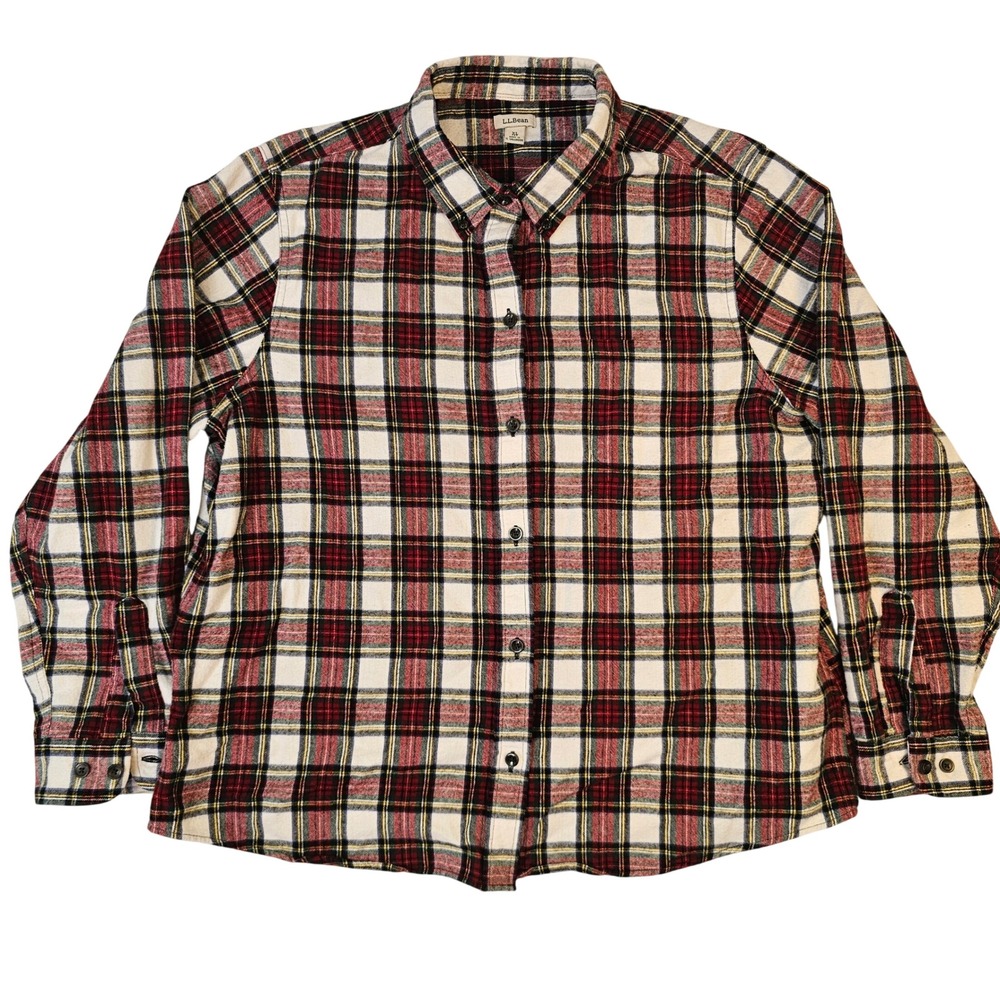 LL Bean Flannel Shirt XL Petite Red White Black Plaid Button Down Long Sleeve
